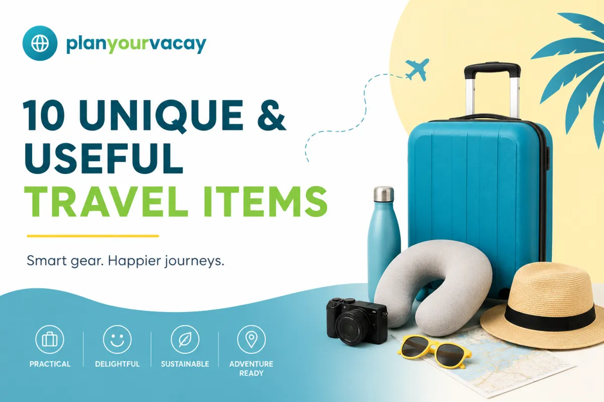 10 unique travel items show a luggage and water bottle
