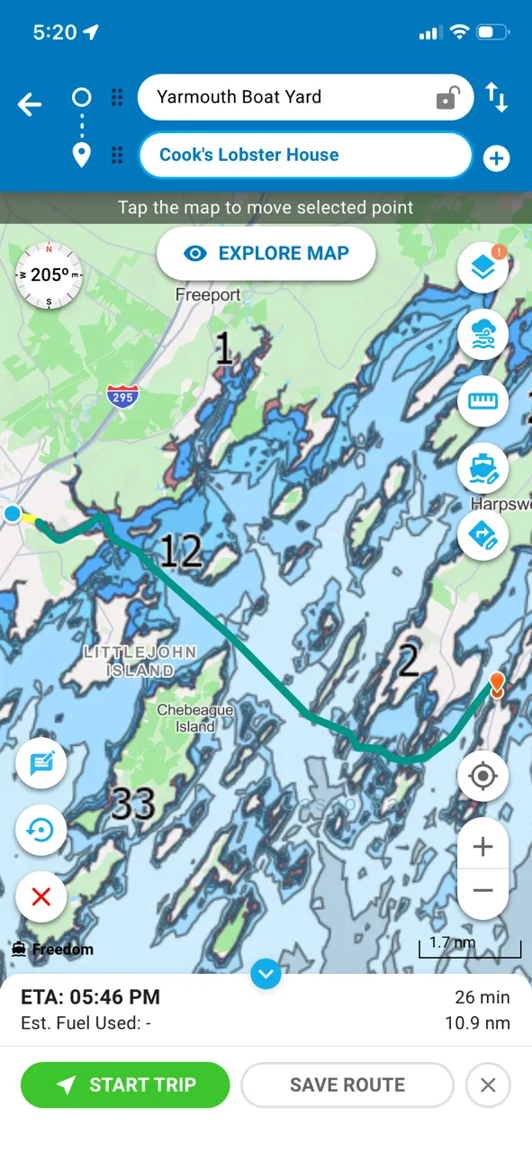 Boat GPS Map guidance from FBC Maine Yarmouth location to Cook's Lobster & Ale House
