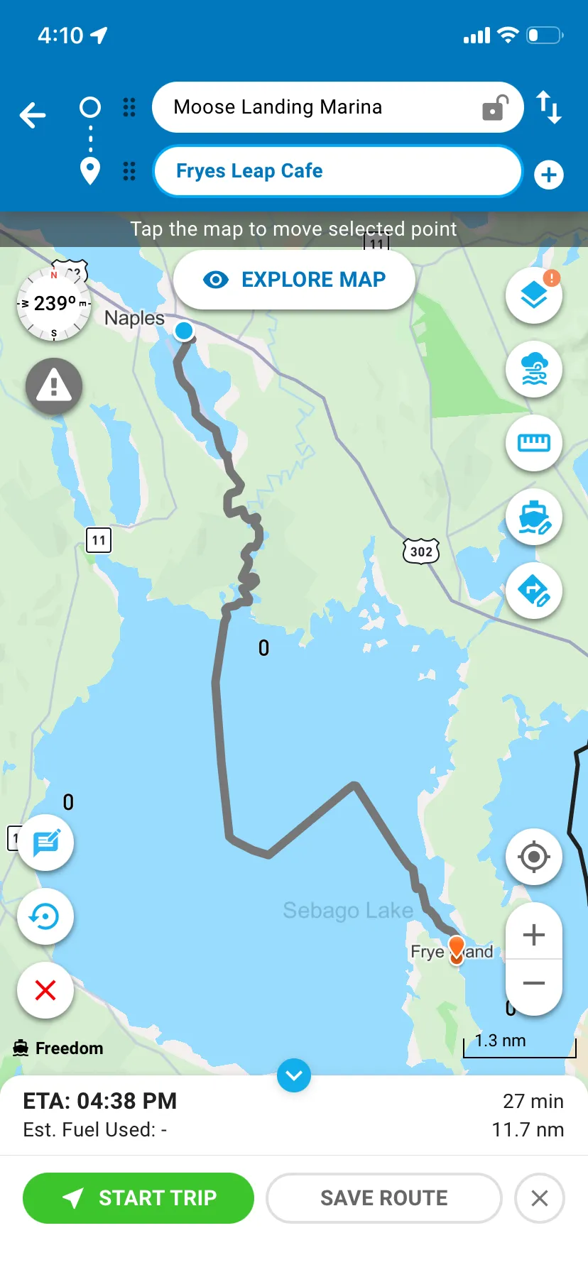 GPS Tracking - Naples Maine to Frye Island