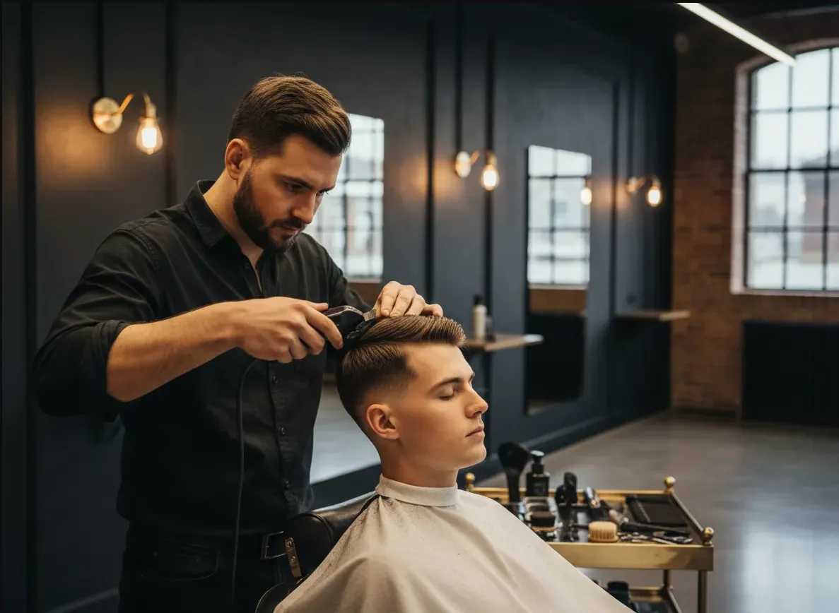 Barber giving a precise fade in a modern industrial barbershop