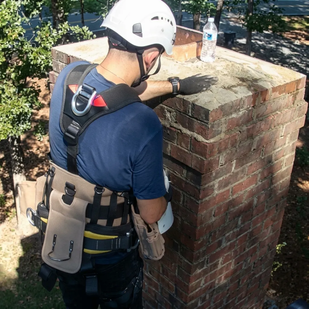 Certified chimney technician wearing safety harness inspecting top brick crown for masonry repair