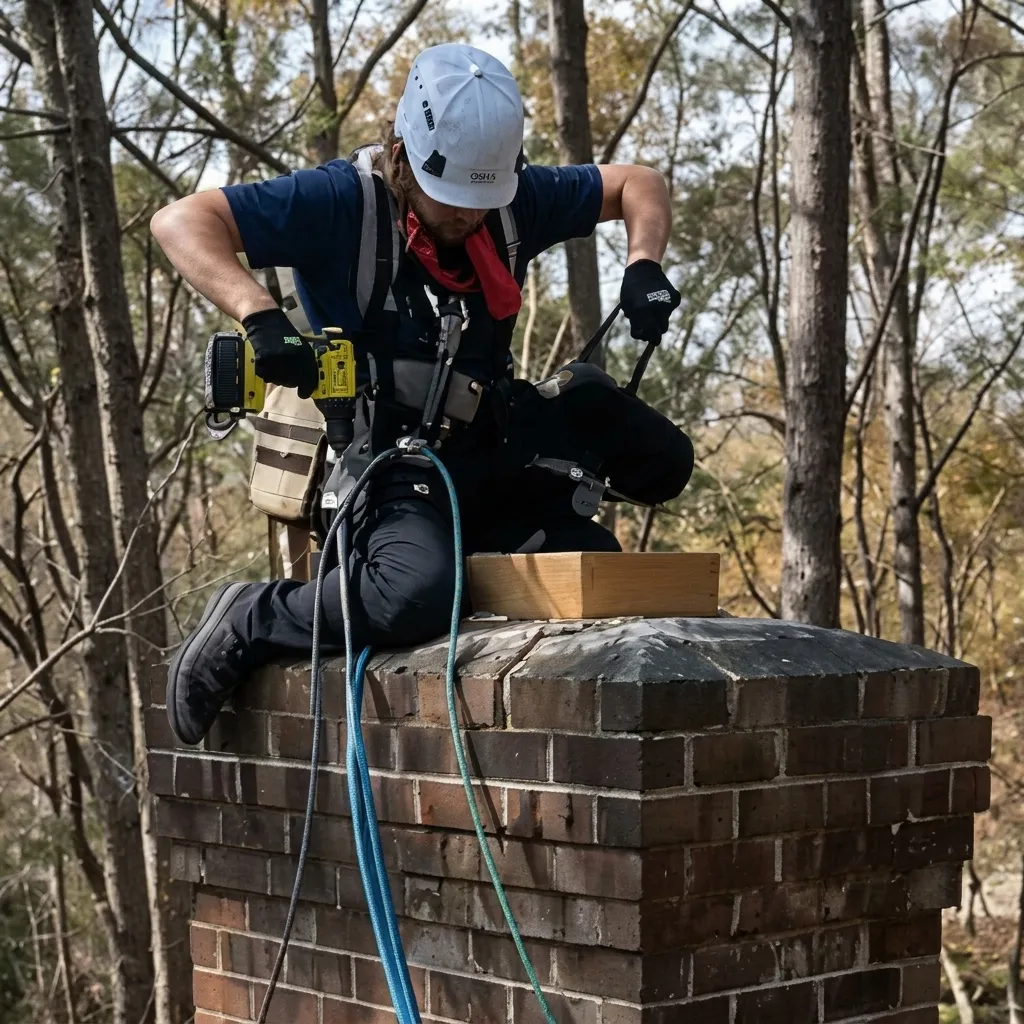 Rooftop chimney sweep technician using specialized tools for chimney restoration and cleaning.
