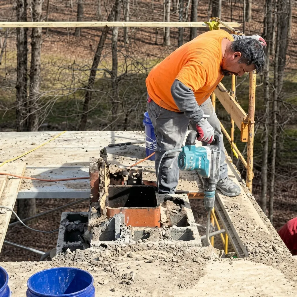 Rooftop masonry worker using power tools for chimney rebuild and masonry remodeling
