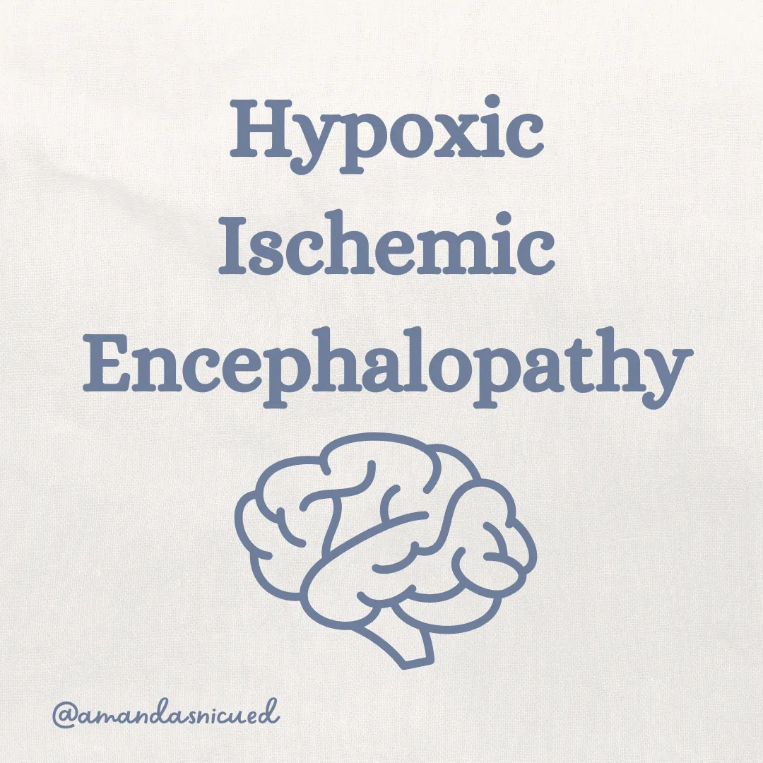 brain with text that says Hypoxic Ischemic Encephalopathy and @amandasnicued