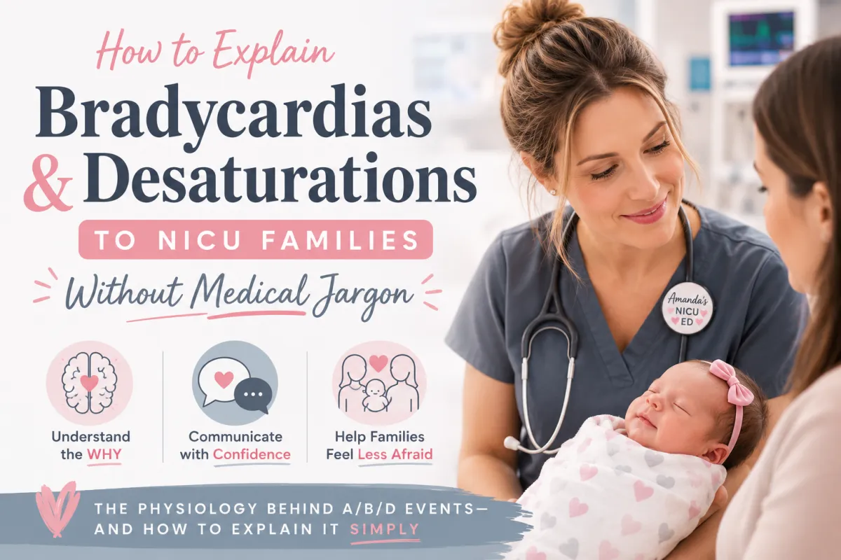 Blog cover featuring a NICU nurse warmly talking with a parent while holding a sleeping newborn. The title reads, "How to Explain Bradycardias & Desaturations to NICU Families Without Medical Jargon." Soft pink, blue-gray, and white branding highlights communication, understanding the physiology behind apnea, bradycardia, and desaturation (A/B/D) events, and helping NICU families feel less afraid.