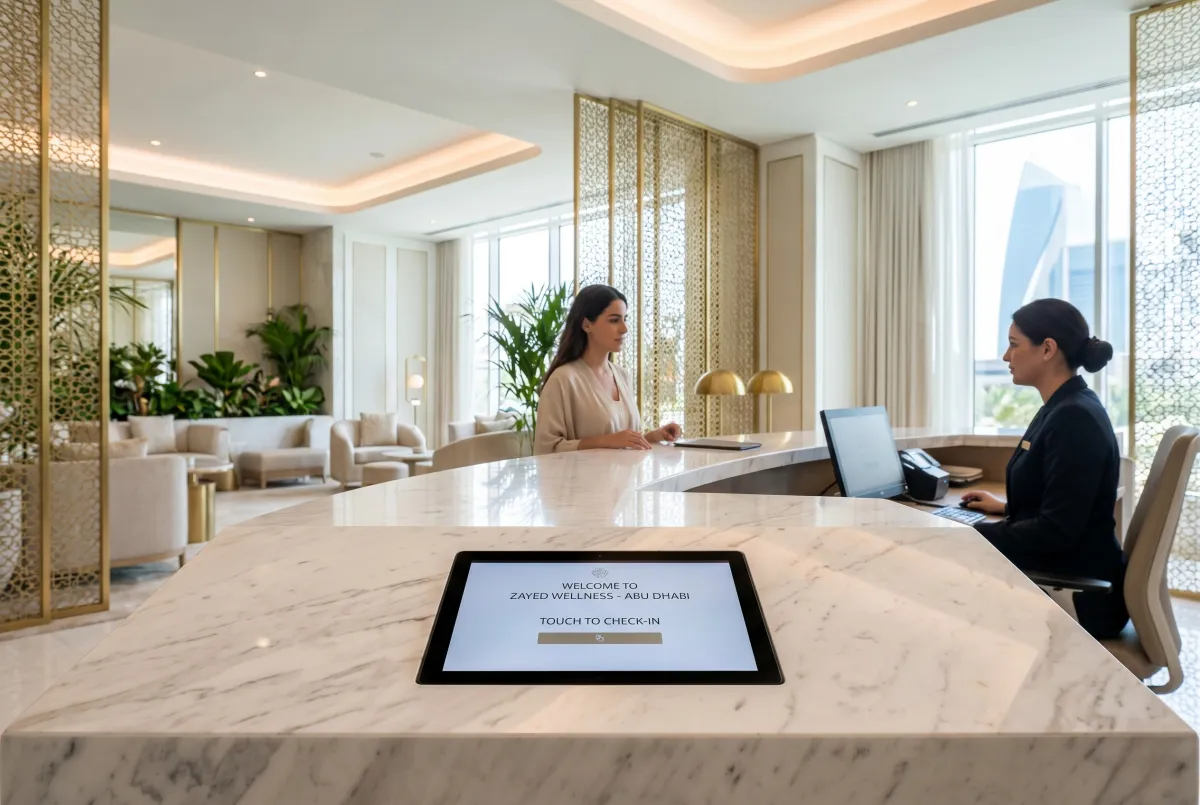 A high-end wellness club interior in Abu Dhabi featuring a digital check-in interface on a marble desk.