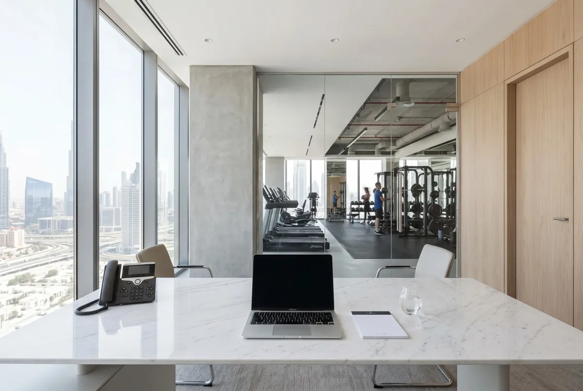 A minimalist, high-end gym office in Dubai with a clean desk, symbolizing organized business operations.