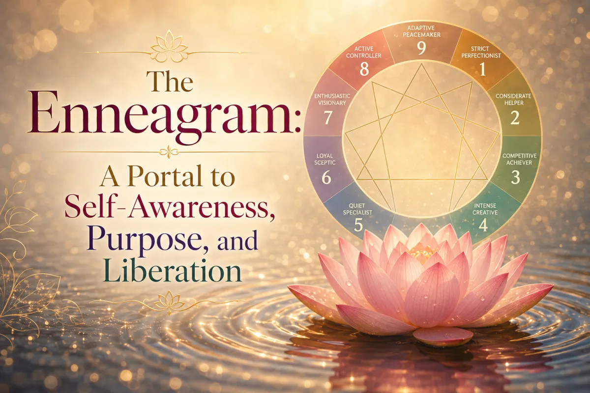 Elegant Enneagram blog banner featuring a glowing pink lotus on golden rippling water, with a colourful Enneagram wheel and the title “The Enneagram: A Portal to Self-Awareness, Purpose, and Liberation.”