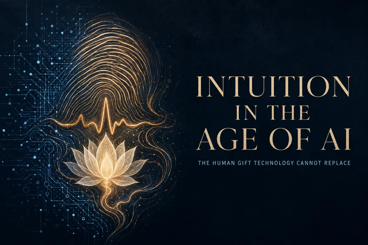 Conceptual illustration of a golden human fingerprint, heartbeat and illuminated white lotus meeting blue artificial intelligence circuitry, representing intuition as a uniquely human gift.