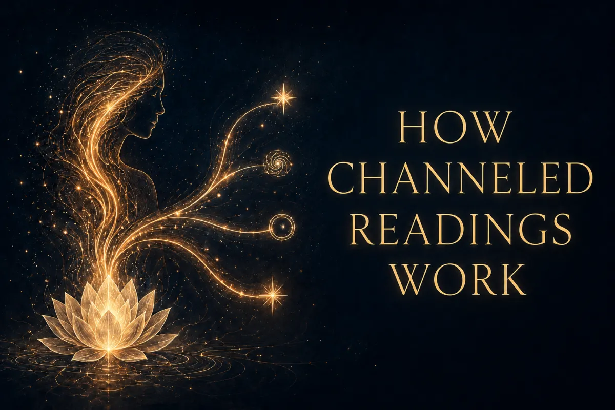 Golden illustration of an intuitive woman emerging from a luminous lotus, with branching trails of light symbolising guidance, possibilities and free will, beside the title How Channeled Readings Work.