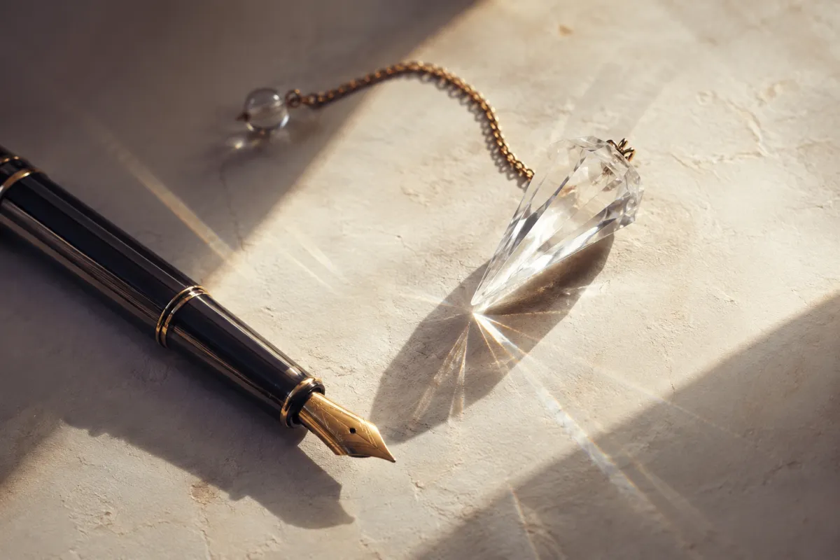 Crystal pendulum and fountain pen symbolising manifestation, intuition, and alignment between the mind and body