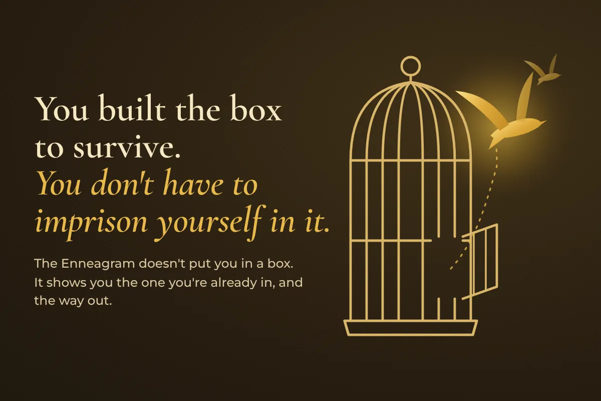 Gold birds flying out of an open golden birdcage, beside the words “You built the box to survive. You don’t have to imprison yourself in it.”