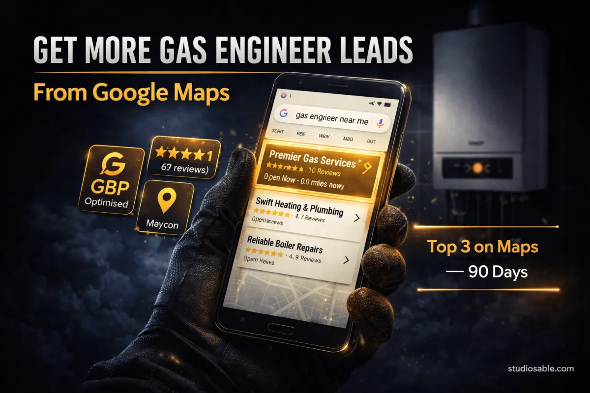 Gas engineer checking boiler with Google Maps listing visible on smartphone in foreground