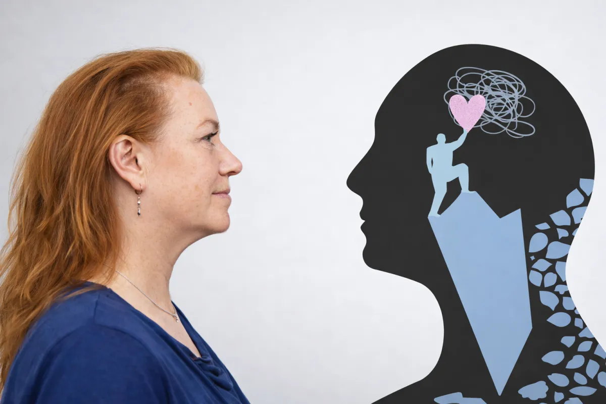 A confident adult woman with dyslexia, smiling while reading a book in a cozy, sunlit living room, surrounded by soft blue and white decor, representing empowerment and personal growth.