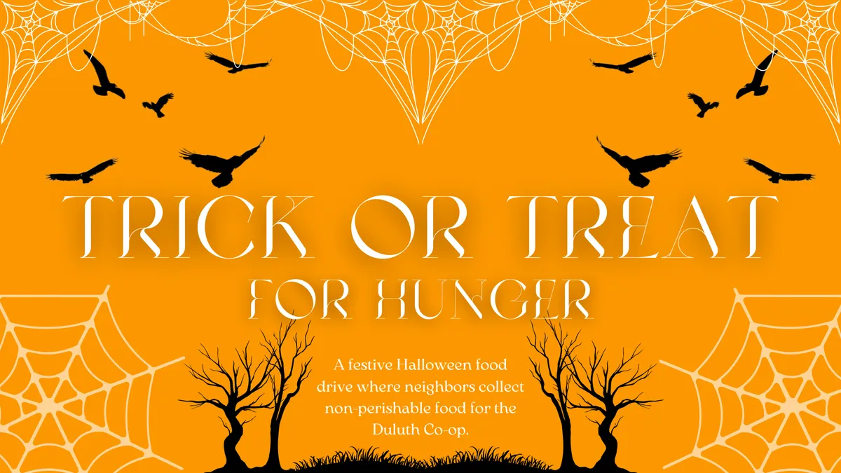 A festive Halloween food drive where neighbors collect non-perishable food for the Duluth Co-op.