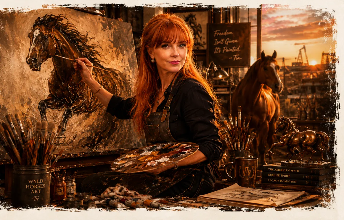 redhead painter sitting at her easel painting with horse watching in background