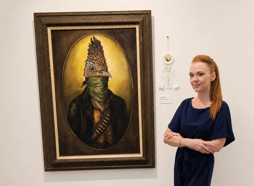 Tia Harper standing in ront of her award-winning oil painting at The Museum of The Southwest 2026