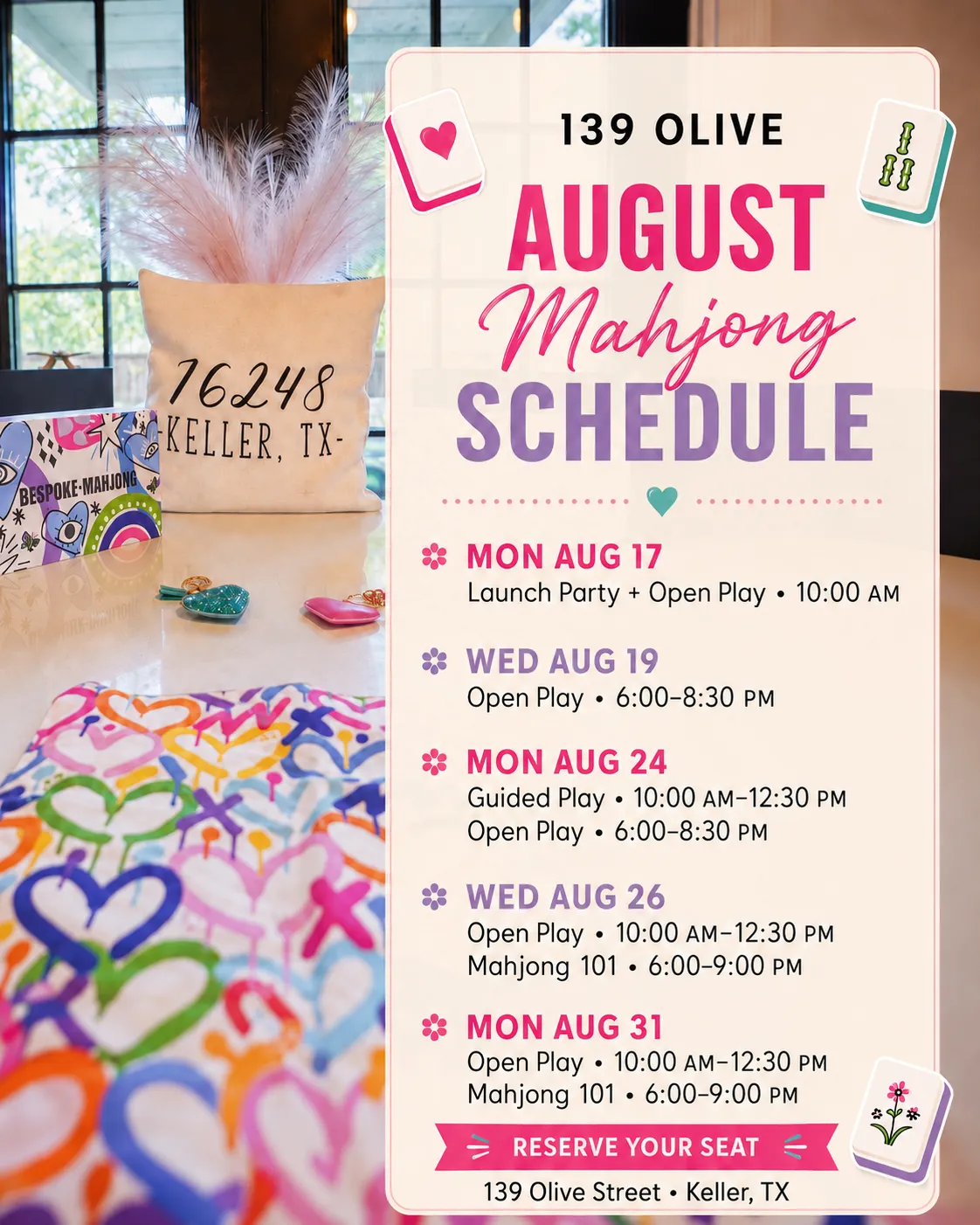 August Mahjong schedule at 139 Olive
