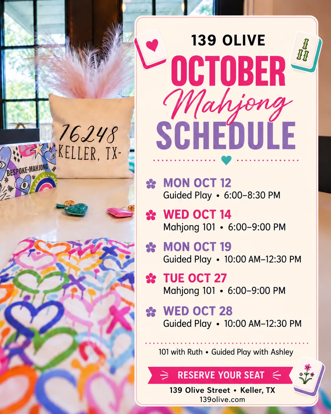October 2026 Mahjong schedule at 139 Olive: Mahjong 101 with Ruth and Guided Play with Ashley