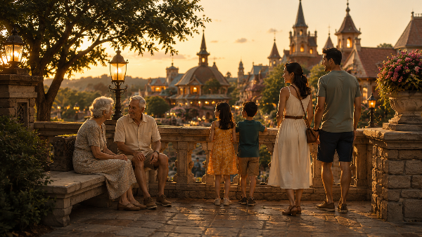 Familia de abuelos, padres y nietos paseando en Disneyland