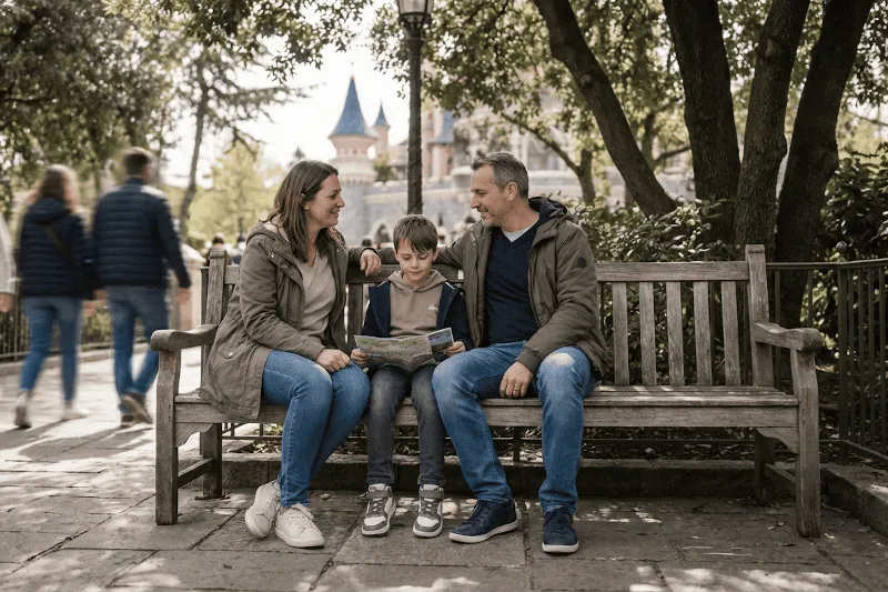Familia descansando en un banco en Disney, pausa para evitar agotarse