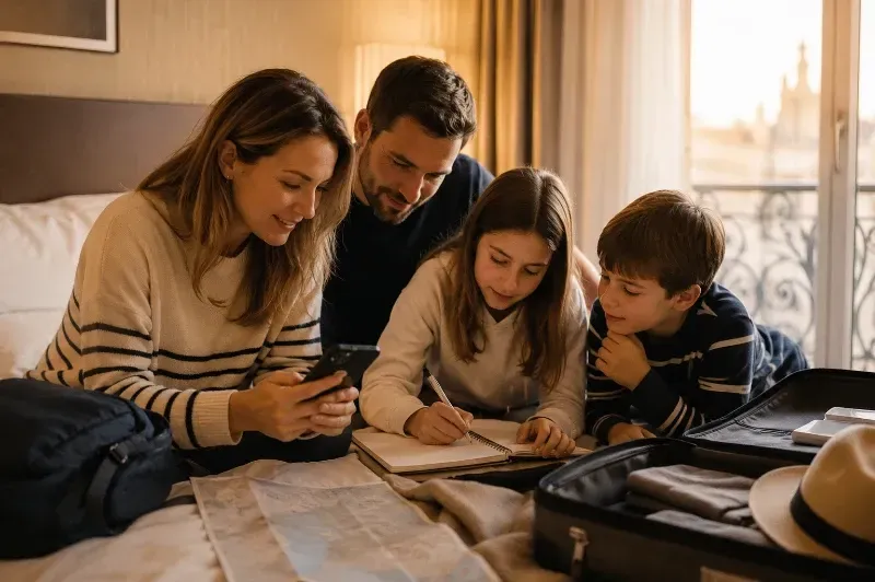 Familia organizando documentación y reservas antes de viajar a Disneyland Paris