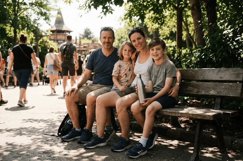 Familia descansando a la sombra en Disney durante el mediodía