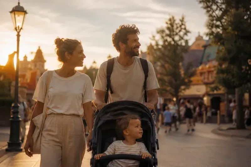 Familia con niños pequeños disfrutando un viaje tranquilo inspirado en Walt Disney World Orlando al atardecer