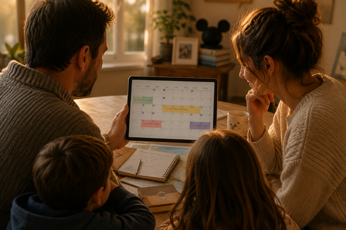 Familia mirando calendario escolar para reservar viaje a Disney
