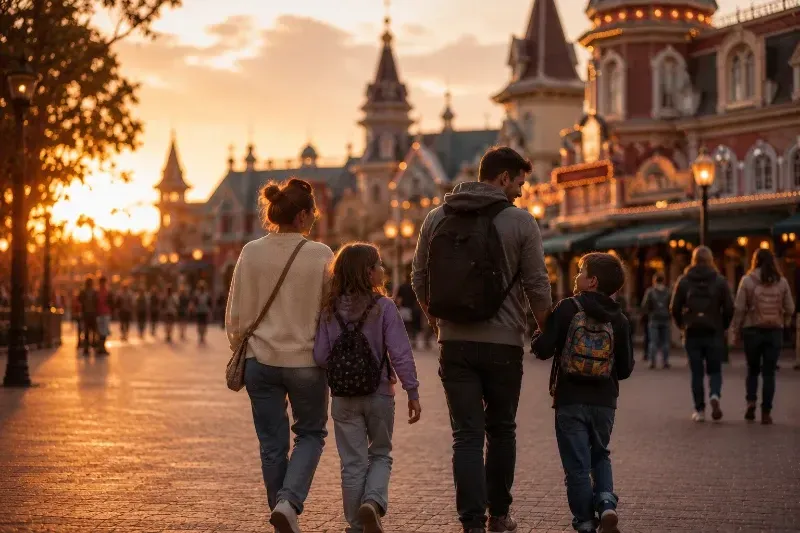 Familia disfrutando con calma de varios días en Disneyland Paris al atardecer