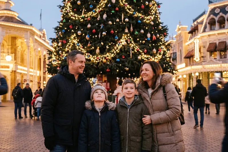 Árbol de Navidad gigante en Disney con guirnaldas y gente haciendo fotos