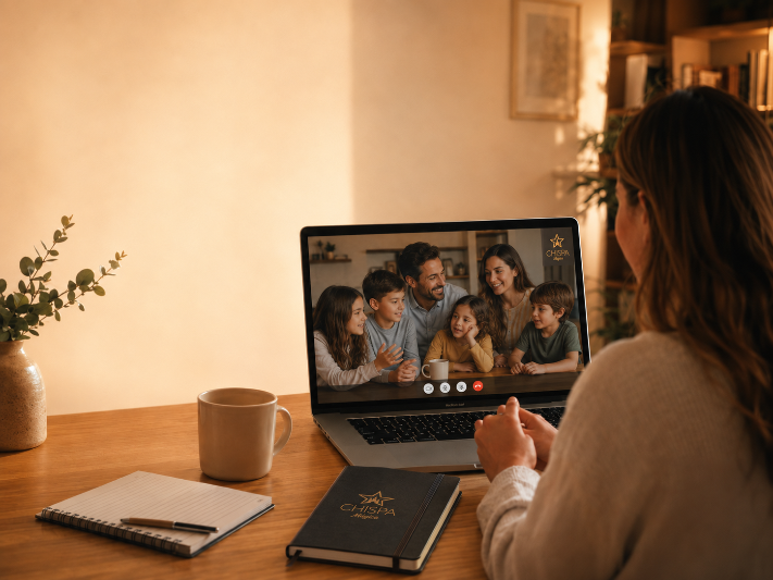 Familia numerosa en videollamada con Chispa Mágica para organizar un viaje Disney