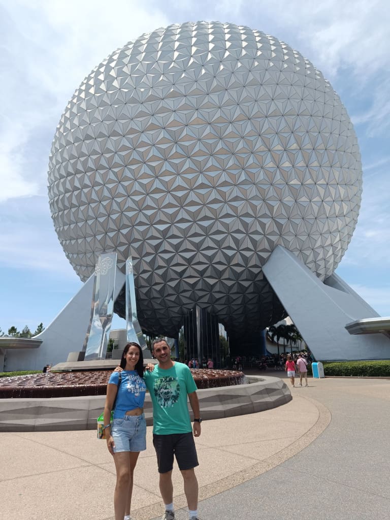 Trip to Walt Disney World with EPCOT's Spaceship Earth in the background