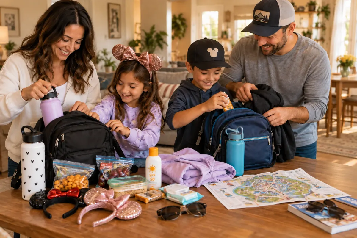 Familia preparando mochila para Disney