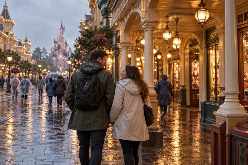 Pareja caminando bajo la lluvia en Disneyland París