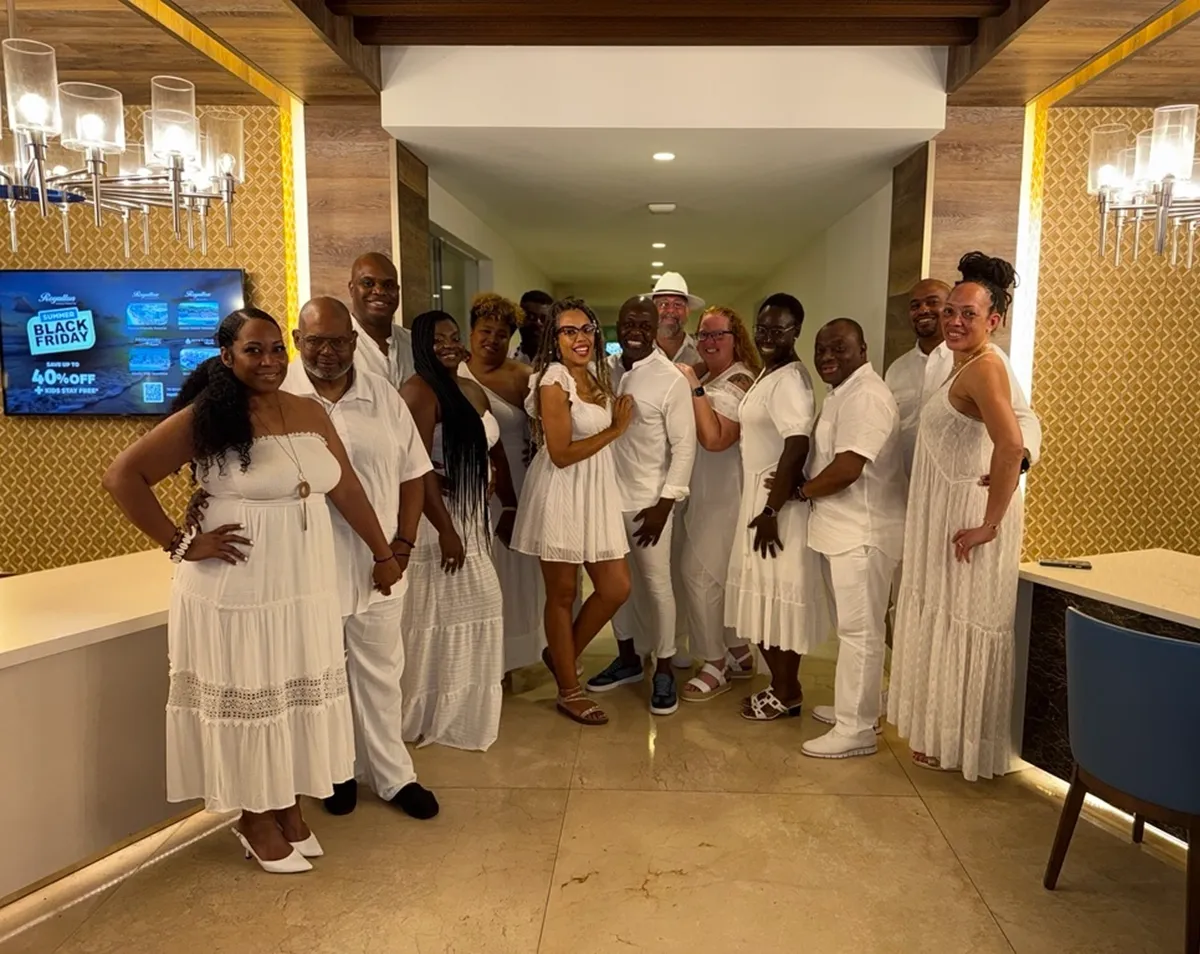 group dressed in white at luxury relationship retreat event