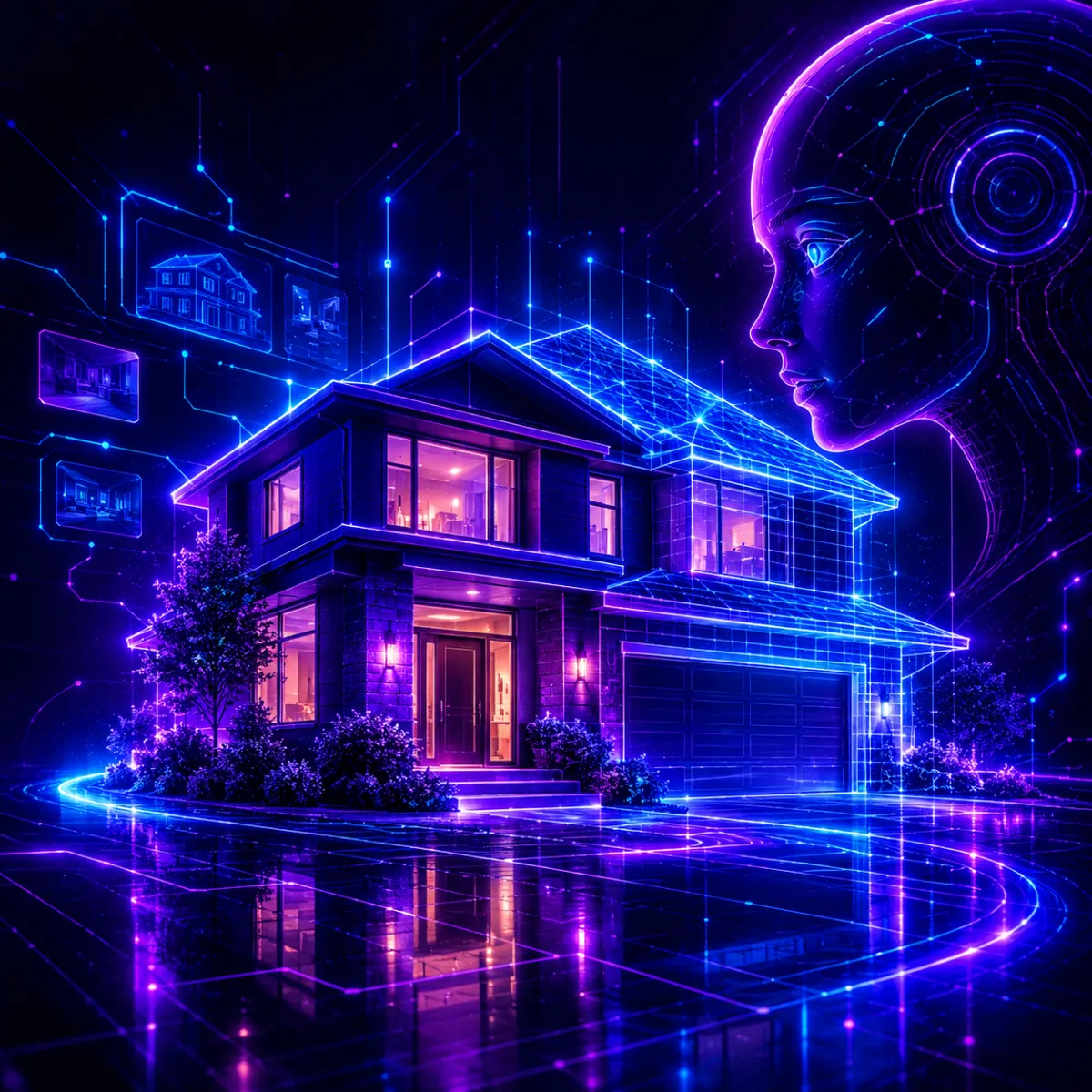 A futuristic profile illustration of a humanoid robot with glowing purple circuitry and digital patterns integrated into its head and neck, set against a dark technological background.