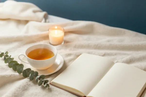 A table covered in a white towel. It has a candle and a cup of tea on it with a journal, representing somebody making time for themselves.