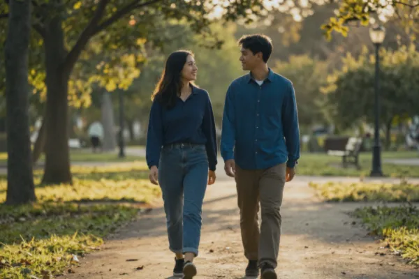 a lady and a man friend walking through the park talking.