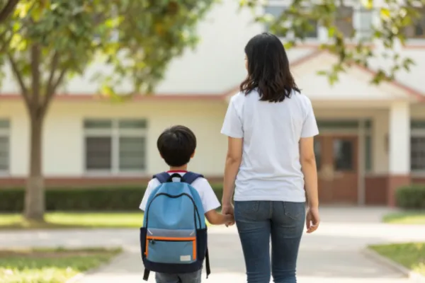 A mum and a boy holding hands walking towards school.