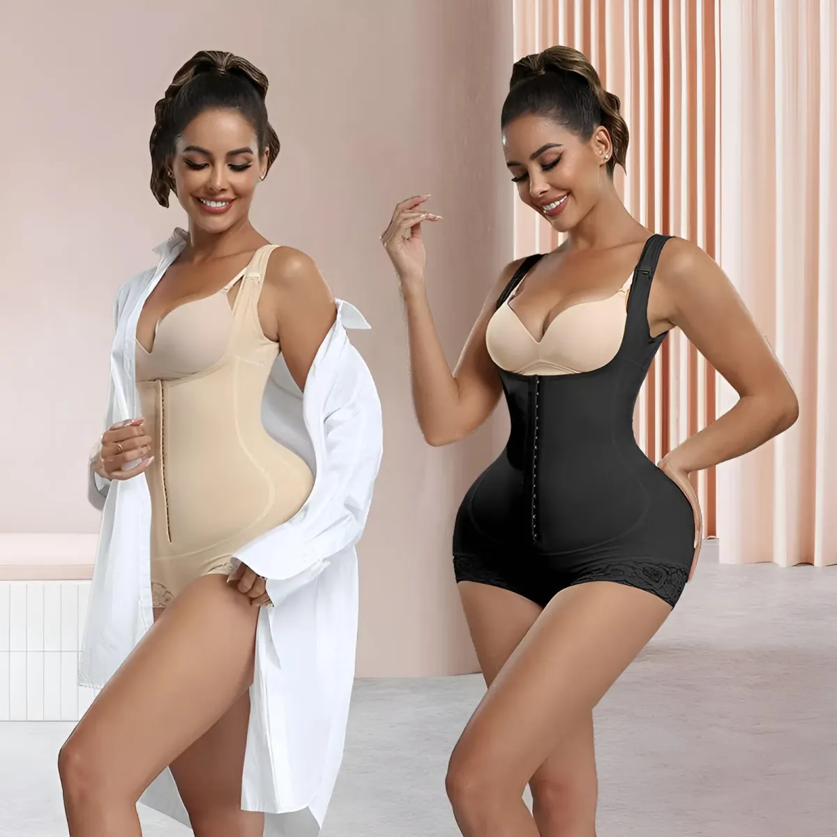 ella body fajas: Two women modeling shapewear bodysuits in beige and black, showcasing body contouring design and adjustable straps in a modern indoor setting.