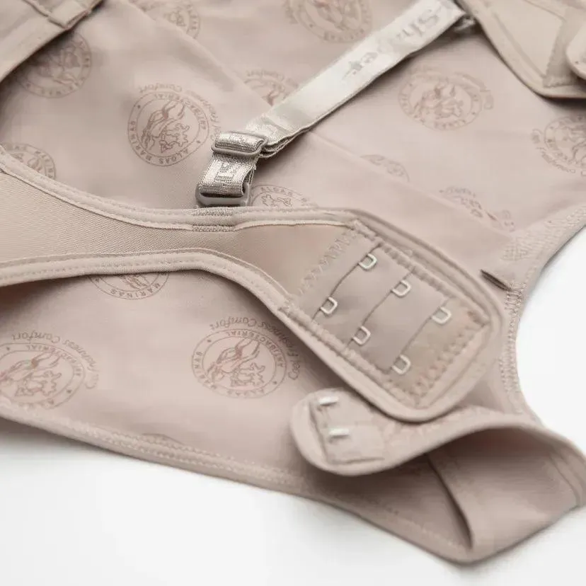 ella body fajas: Close-up of beige CYSM body shaper with adjustable straps, hook-and-eye closure, and branded lining for comfort and support