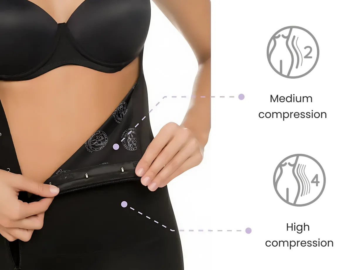 ella body fajas: Woman wearing a black compression garment showing dual-layer design with medium and high compression zones for enhanced support and post-surgical shaping.