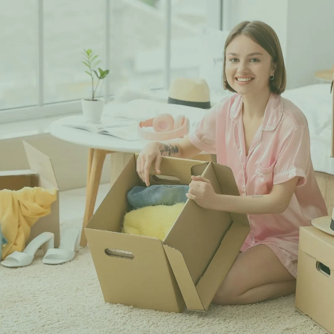 Professional home organizer holding a box filled with clothes