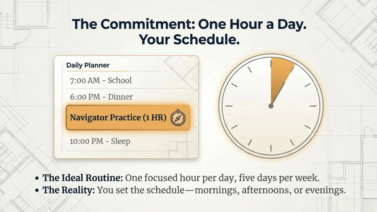The Commitment: One Hour a Day. Your Schedule.” — daily planner and clock image showing “Navigator Practice (1 HR)” — ideal is one focused hour per day, five days per week; you choose mornings, afternoons, or evenings