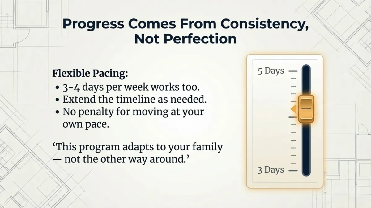 Progress Comes From Consistency, Not Perfection” — flexible schedule slider showing 3 days to 5 days; message says 3–4 days/week works too, extend timeline as needed; quote: “This program adapts to your family — not the other way around