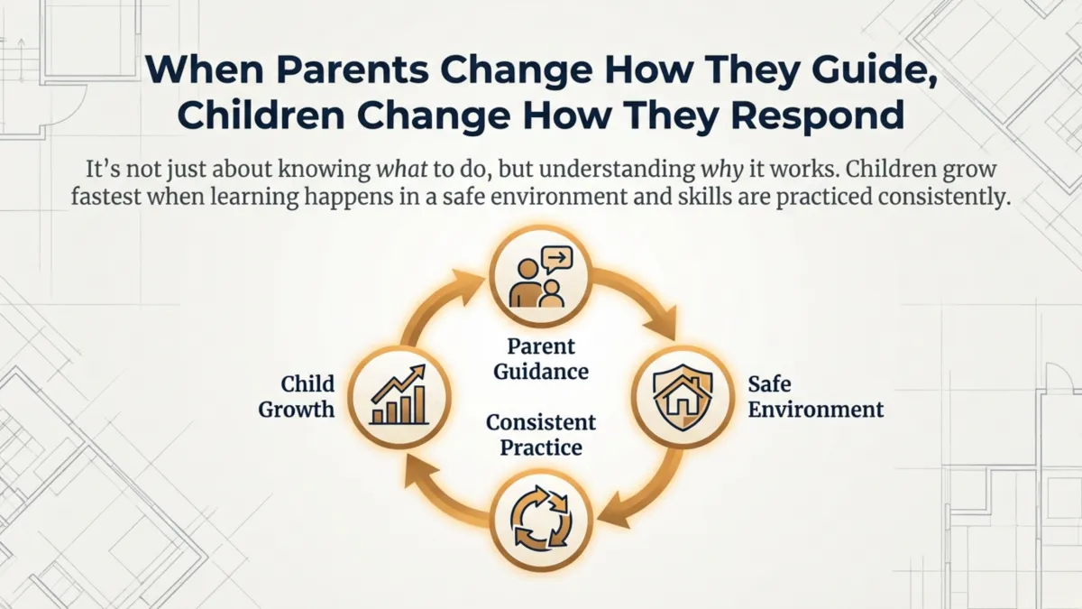 When Parents Change How They Guide, Children Change How They Respond” — describes children grow fastest in a safe environment with consistent practice; loop shows Parent Guidance, Safe Environment, Consistent Practice, and Child Growth