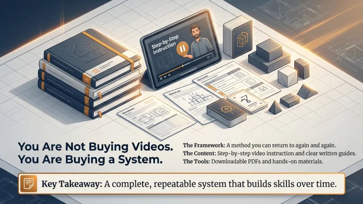 You Are Not Buying Videos. You Are Buying a System.” — shows books, worksheets, and step-by-step instruction; includes written guides, downloadable PDFs, and hands-on tools; repeatable framework to build skills over time
