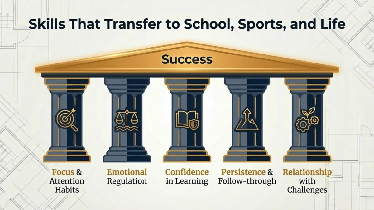 Skills That Transfer to School, Sports, and Life” — “Success” pillar chart listing Focus and Attention Habits, Emotional Regulation, Confidence in Learning, Persistence and Follow-through, and Relationship with Challenges