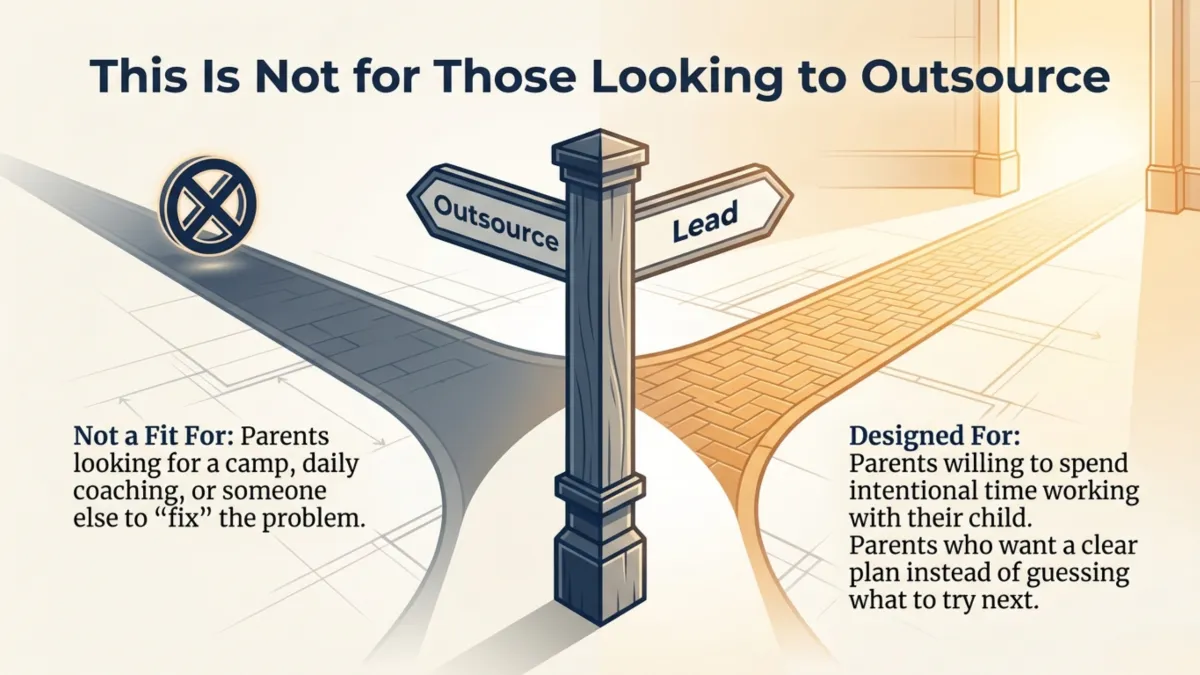 “This Is Not for Those Looking to Outsource” — signpost showing “Outsource” vs “Lead”; not a fit for parents who want someone else to fix it; designed for parents willing to lead daily practice at home with a clear plan